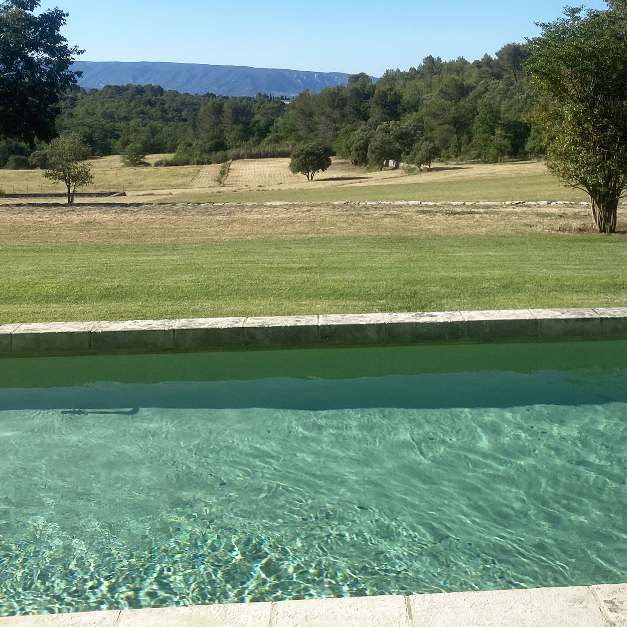 Piscine coque moderne avec eau claire reflétant le soleil, paysage verdoyant et ciel dégagé en arrière-plan, cadre serein et attrayant.