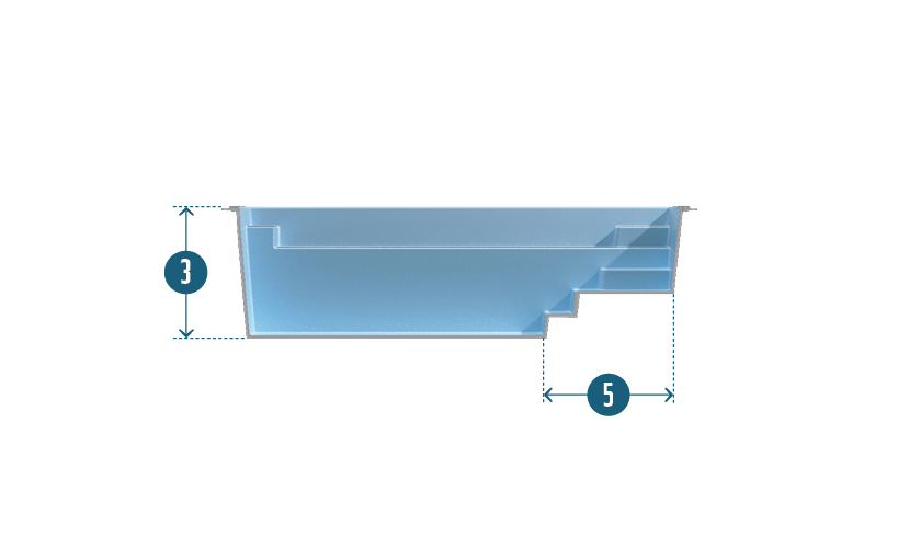 Diagramme piscine coque rectangulaire 5x3m avec escaliers intégrés, couleur bleu, structure durable pour familles et installations commerciales.