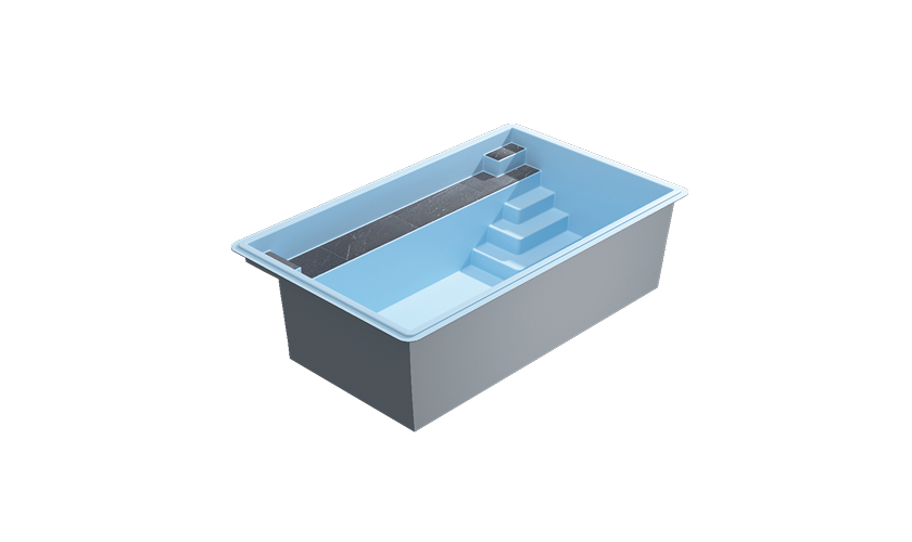 Piscine coque rectangulaire bleu clair avec bords arrondis, zone peu profonde, plateforme centrale, idéale pour familles, durable et esthétique