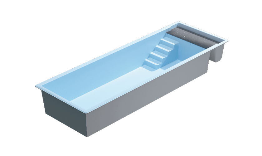 Piscine coque rectangulaire en résine polyester avec escalier intégré, installation rapide et entretien réduit, eau bleu clair et finition lisse pour jardin extérieur