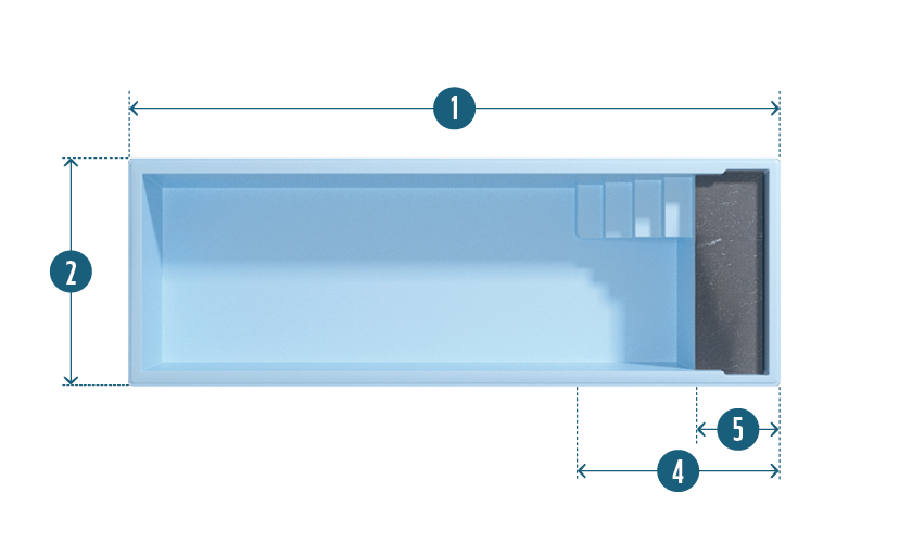Piscine coque rectangulaire bleu avec escaliers intégrés à droite, dimensions détaillées et zone de filtration visible, idéale pour un entretien facile et espace de baignade optimisé.
