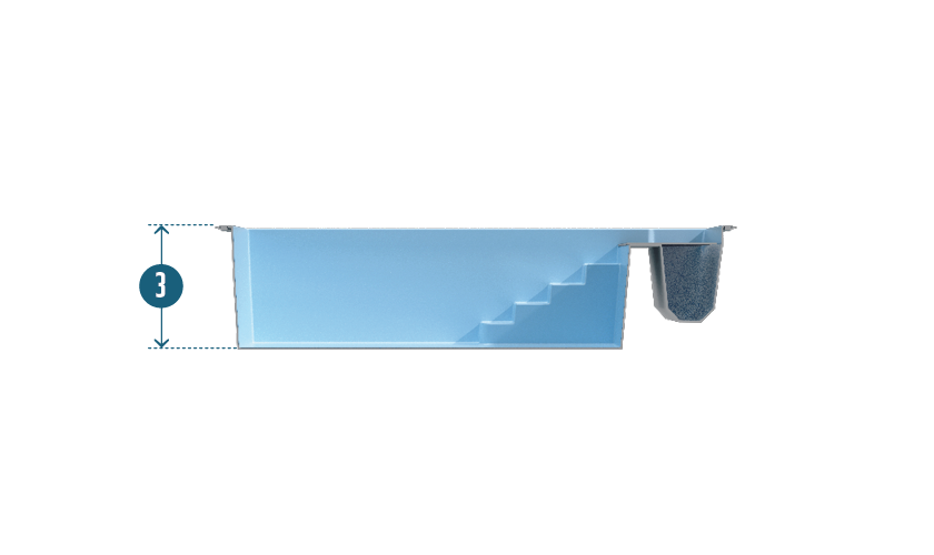 Piscine coque rectangulaire avec escaliers intégrés à gauche, finition bleu clair, offrant une profondeur de 3 mètres, inclut un emplacement pour skimmer ou système de filtration, combinant esthétique accueillante et design fonctionnel pour une expérience de baignade optimale.