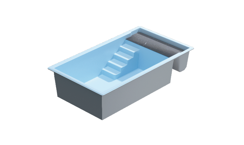 Piscine coque rectangulaire en 3D avec bords arrondis, escalier intégré, intérieur bleu clair et surface lisse, parfait pour un design moderne et pratique.
