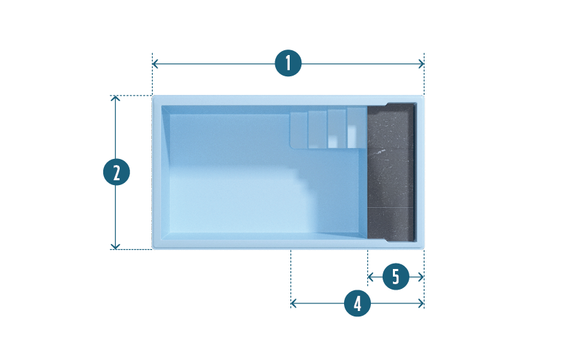 Diagramme piscine coque rectangulaire avec coin arrondi et échelle intégrée, dimensions spécifiées, revêtement en pierre ou carrelage, design épuré bleu clair.