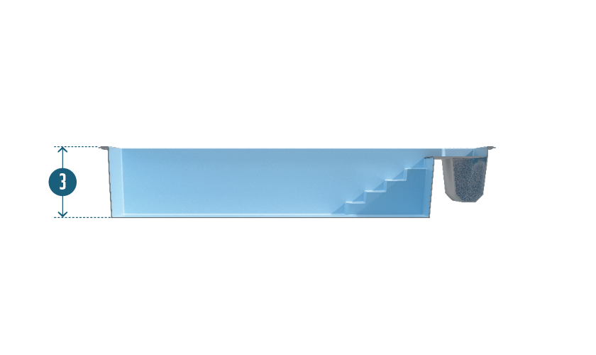 Piscine coque rectangulaire avec escaliers intégrés et finition lisse en gel coat, système de filtration en vue, caractérisée par une profondeur de 3m et une esthétique bleue claire moderne.