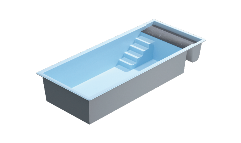 Piscine coque rectangulaire moderne avec escalier intégré, couleur bleu clair pour une apparence fraîche et propre, idéale pour natation et loisirs, avec margelles texturées pour un design contemporain et sécurité familiale.