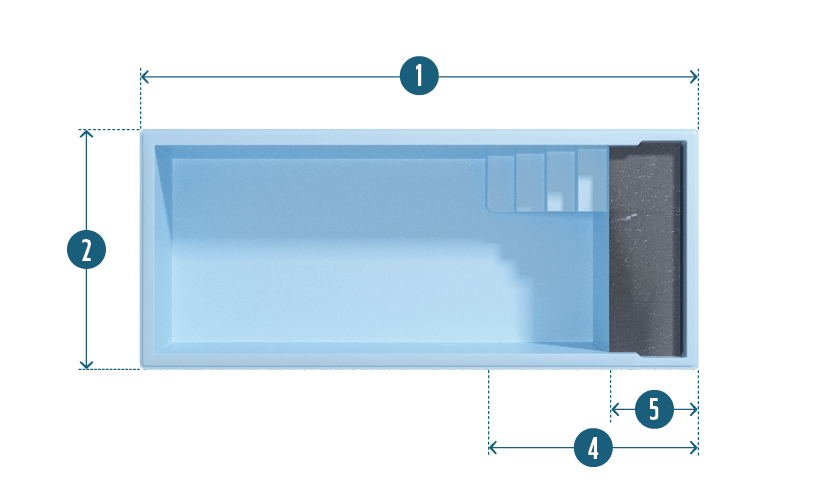Schéma détaillé d'une piscine coque rectangulaire avec bords arrondis, dimensions et caractéristiques spécifiques, incluant un escalier intégré pour un accès sécurisé, généralement en résine ou polyester, avec une finition lisse, couleur bleue imitant l'eau, et une zone de relaxation ou de filtration.