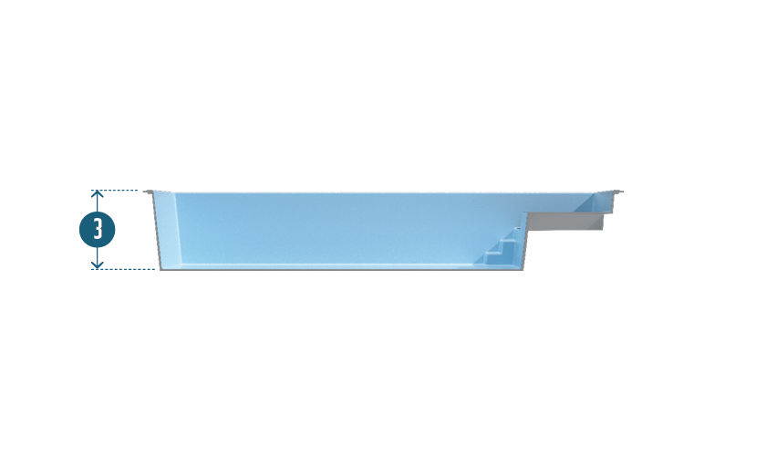 Piscine coque rectangulaire avec profondeur 3 mètres, escalier intégré côté droit, eau bleutée, matériau fibre de verre, bords arrondis, modèle idéal pour jardins modernes