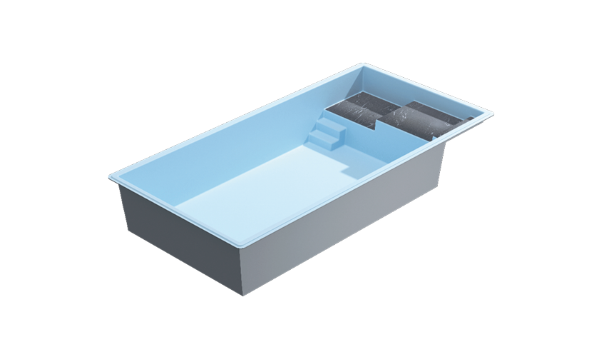 Piscine coque rectangulaire moderne avec escalier intégré et zone de détente, couleur bleu clair, matériau composite durable idéale pour un espace extérieur esthétique.