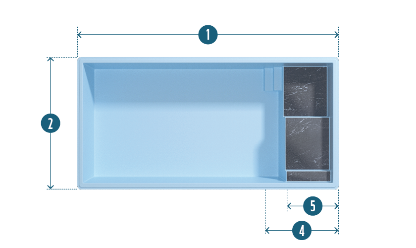 Piscine coque rectangulaire en composite avec dimensions optimisées, finition antidérapante, espaces de loisir et couleur bleue apaisante