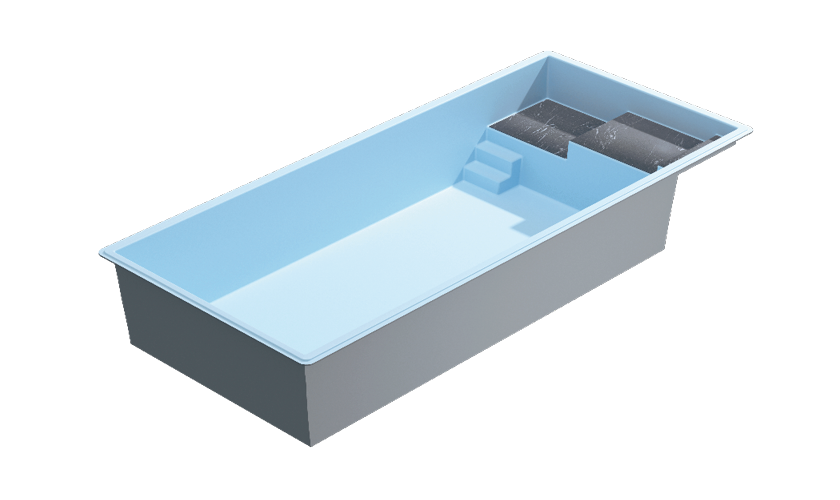 Piscine coque rectangulaire design moderne avec parois intérieures bleu clair, escaliers intégrés confortables, rebord bien fini, et texture antidérapante. Idéale pour utilisation familiale et insertion harmonieuse dans jardins variés.