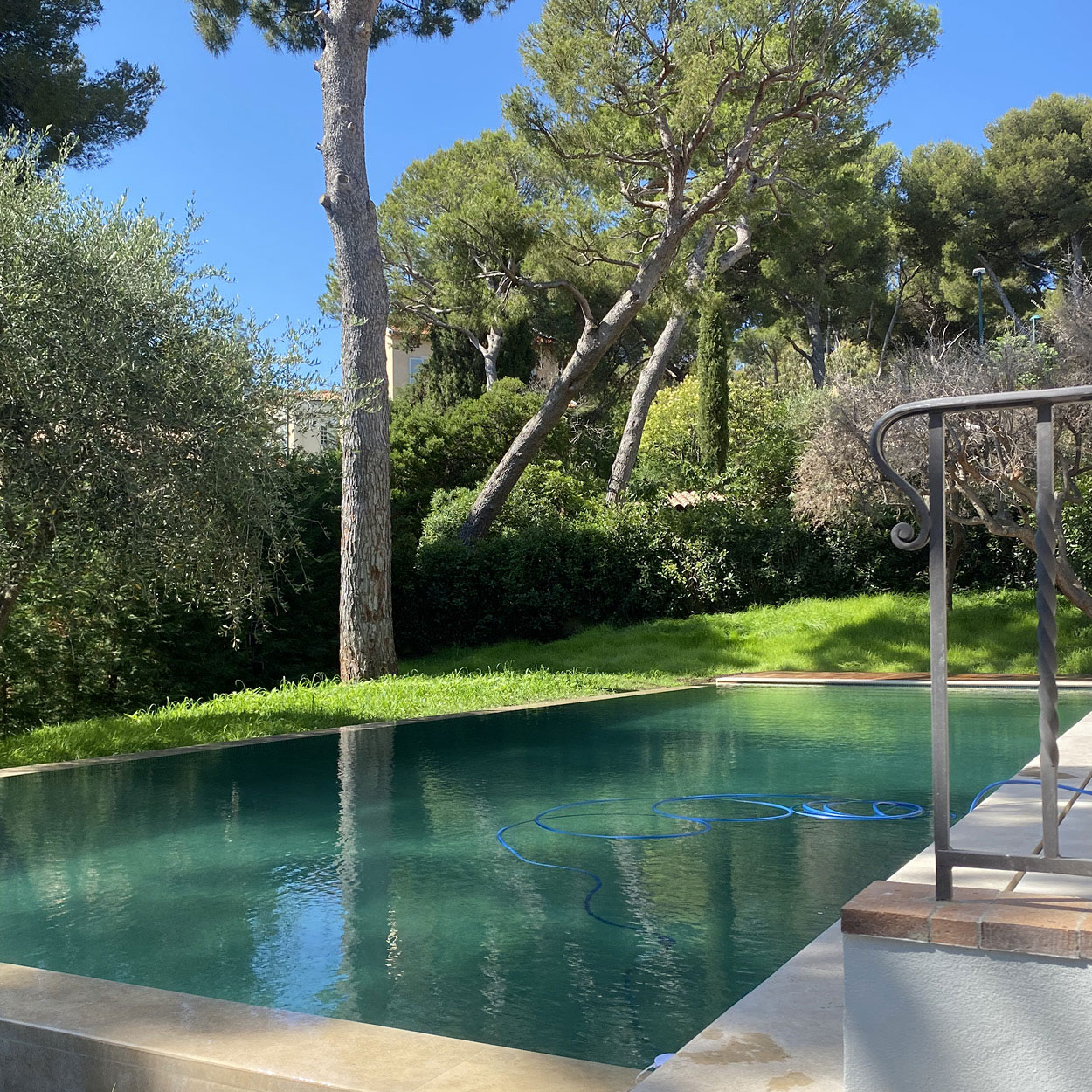 Piscine coque rectangulaire entourée de végétation luxuriante avec surface scintillante, bordures en pierre et équipement d'entretien bleu dans un cadre naturel relaxant.