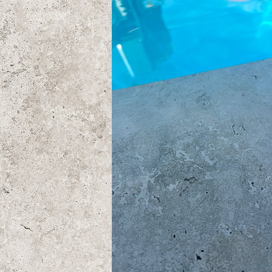 Matériaux de terrasse autour de piscine coque : à gauche, surface en béton rugueuse gris-beige moderne pour contour de piscine ; à droite, surface gris-bleu foncé, idéale près de l'eau pour sécurité et esthétique, créant harmonie avec l'eau bleu clair.