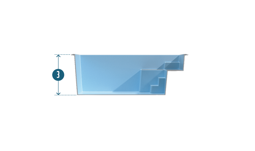 Piscine coque rectangulaire bleue avec angles arrondis et marches intégrées de 3 m de hauteur, vue de profil