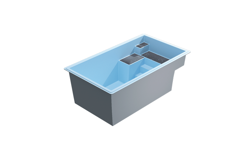 Piscine coque en fiberglass rectangulaire moderne avec coins arrondis, intérieur bleu clair, niches et escaliers pour accessibilité, matériaux composites durables, design optimisé avec espaces assises et zones techniques.