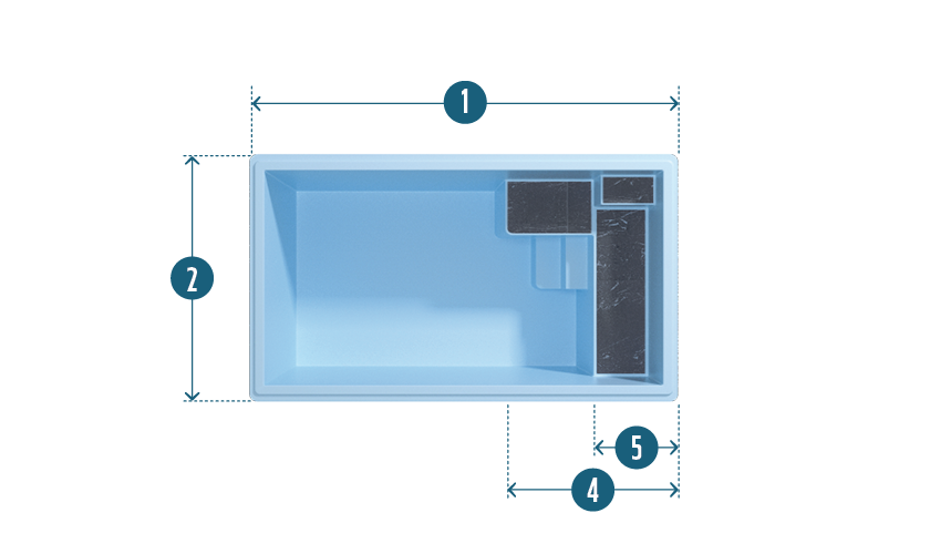 Schéma d'une piscine coque rectangulaire avec découpe d'angle et dimensions précises incluant largeur, longueur et profondeur, présentant un intérieur bleu typique et des caractéristiques de conception pour zone de relaxation.