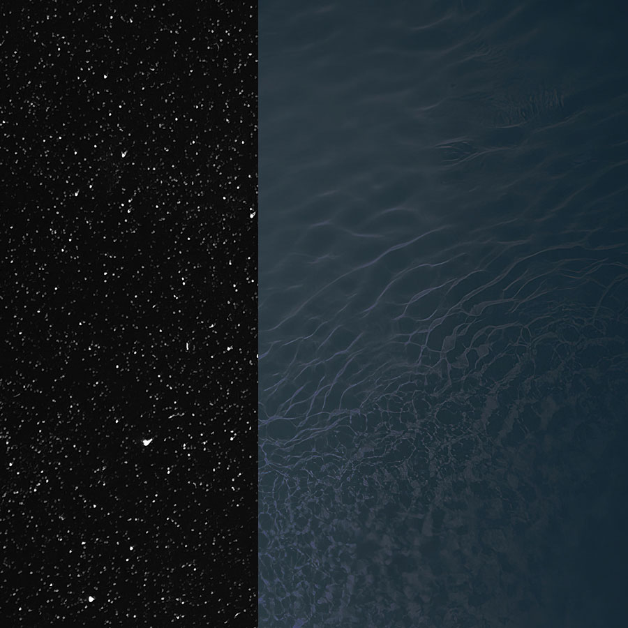 Comparaison des finitions de piscine coque : finition noire moderne avec paillettes à gauche et eau bleue profonde à droite, illustrant le luxe et la sérénité pour les designs contemporains.