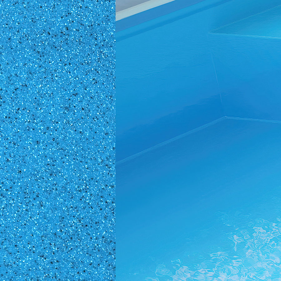 Image de piscine coque moderne avec texture bleu scintillante à gauche et intérieur lisse bleu clair à droite, évoquant fraîcheur et détente, idéal pour loisirs extérieurs.