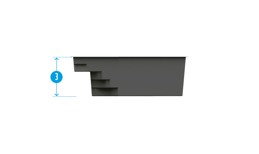 Illustration d'une piscine en coque rectangulaire avec escalier intégré et design moderne, couleur grise résistante, idéale pour un aménagement extérieur esthétique