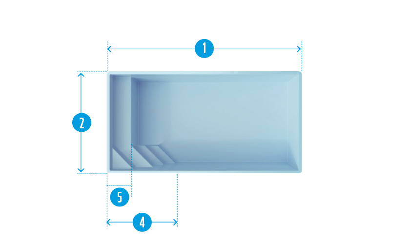 Schéma de piscine coque rectangulaire avec dimensions, idéale pour installation rapide, intégrant escalier pratique, couleur bleue durable, parfaite pour loisirs et exercices.