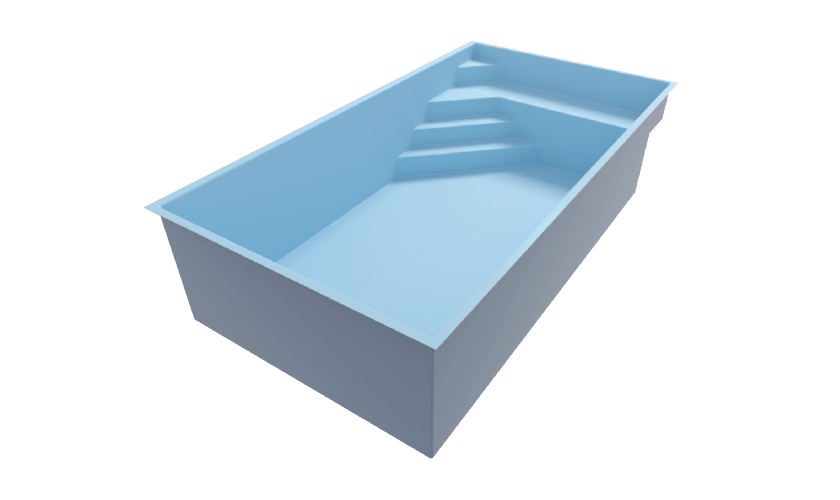 Piscine coque rectangulaire avec escaliers intégrés, couleur bleu clair, surface lisse, idéale pour usage résidentiel, mettant en valeur design fonctionnel et esthétique.