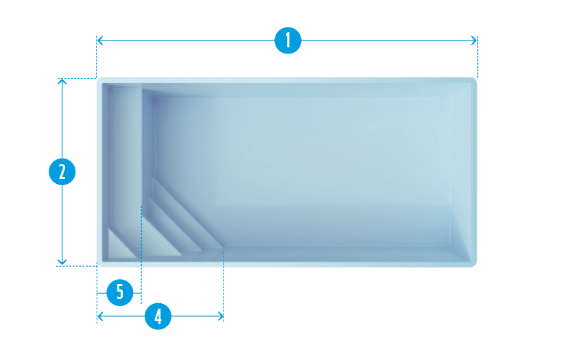 Piscine coque rectangulaire avec escaliers intégrés, dimensions précises pour aménagement optimal, couleur bleu clair pour une ambiance aquatique rafraîchissante.