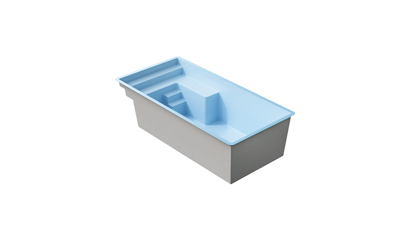 Piscine coque rectangulaire contemporaine avec coins arrondis, matériau composite durable, intérieur bleu clair rafraîchissant, escalier intégré pour une entrée facile et surface lisse facilitant l'entretien, idéale pour baignade familiale, relaxation et exercice.