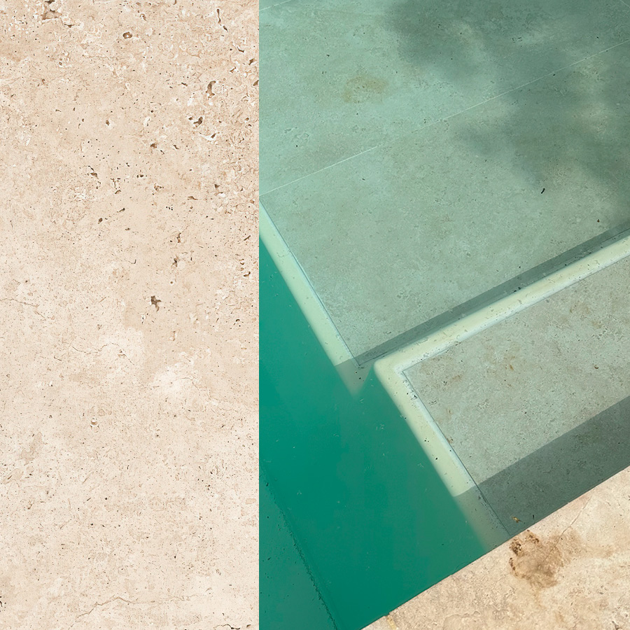 Piscine coque moderne avec bordure en pierre beige et design angulaire, baignade tranquille dans un environnement luxueux