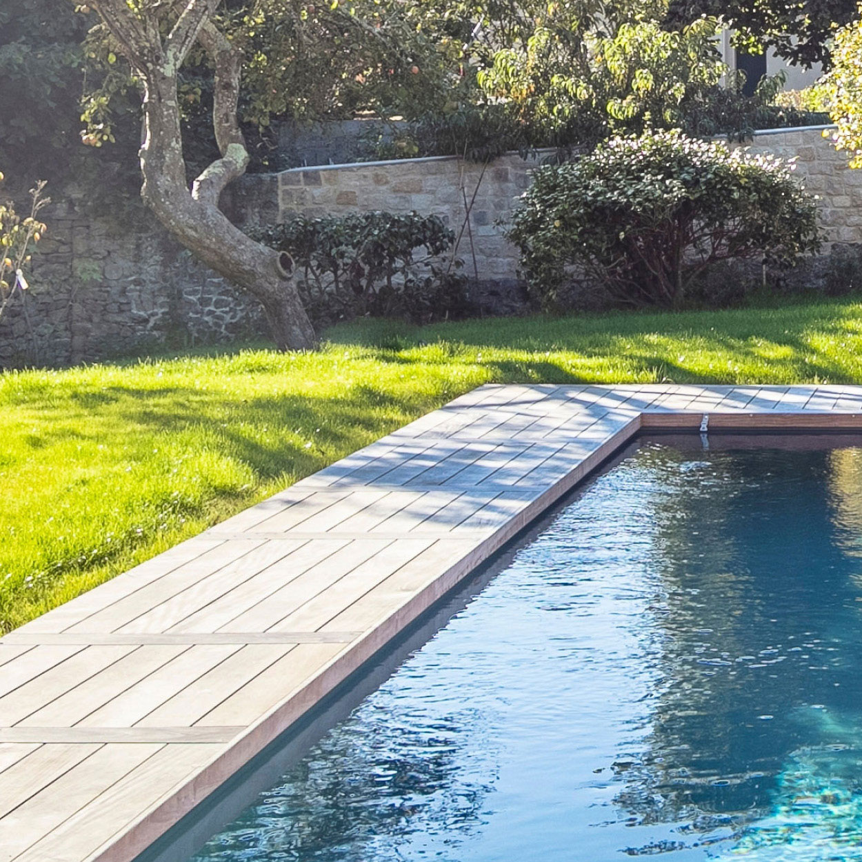 Piscine coque moderne entourée d'un gazon luxuriant avec une terrasse en bois, arbre offrant de l'ombre, et reflétant la lumière naturelle pour un espace extérieur paisible et accueillant