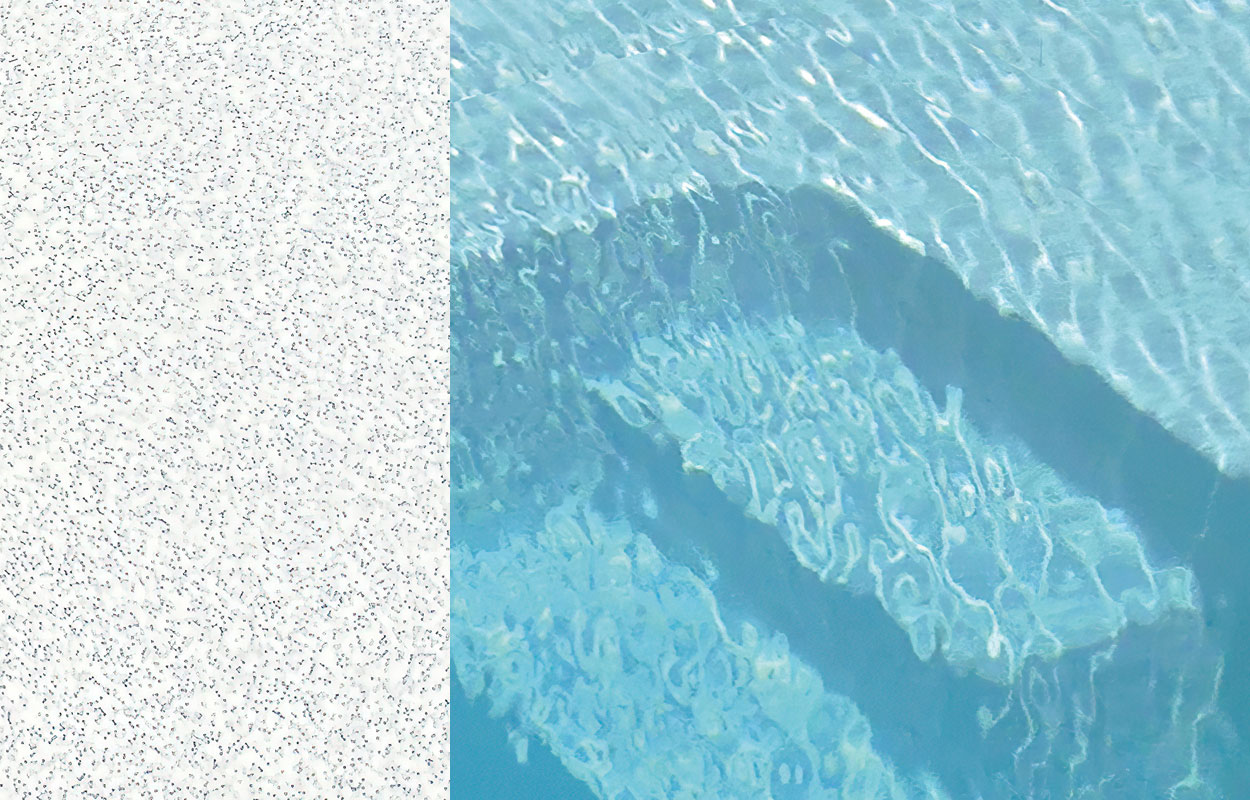 Vue rapprochée d'un revêtement de piscine coque en gelcoat clair et d'une eau turquoise cristalline, avec reflets solaires et contours fonctionnels, représentant l'esthétique et la durabilité des piscines coques.