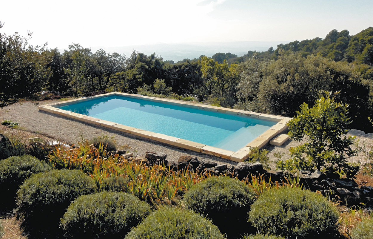 Piscine coque rectangulaire entourée de margelles en pierre dans un cadre naturel verdoyant avec arbres et buissons, offrant une vue panoramique et une ambiance de détente grâce à un éclairage naturel et un sol en gravier.